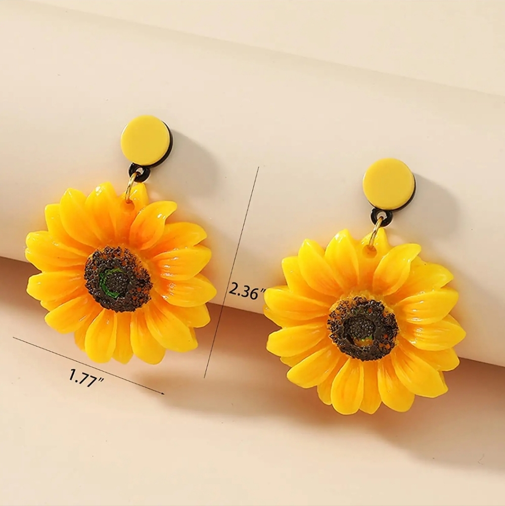 Yellow Black Round Sunflower Earrings Women's long Daisy Sun Flower Dangle Boho - Picture 4 of 4